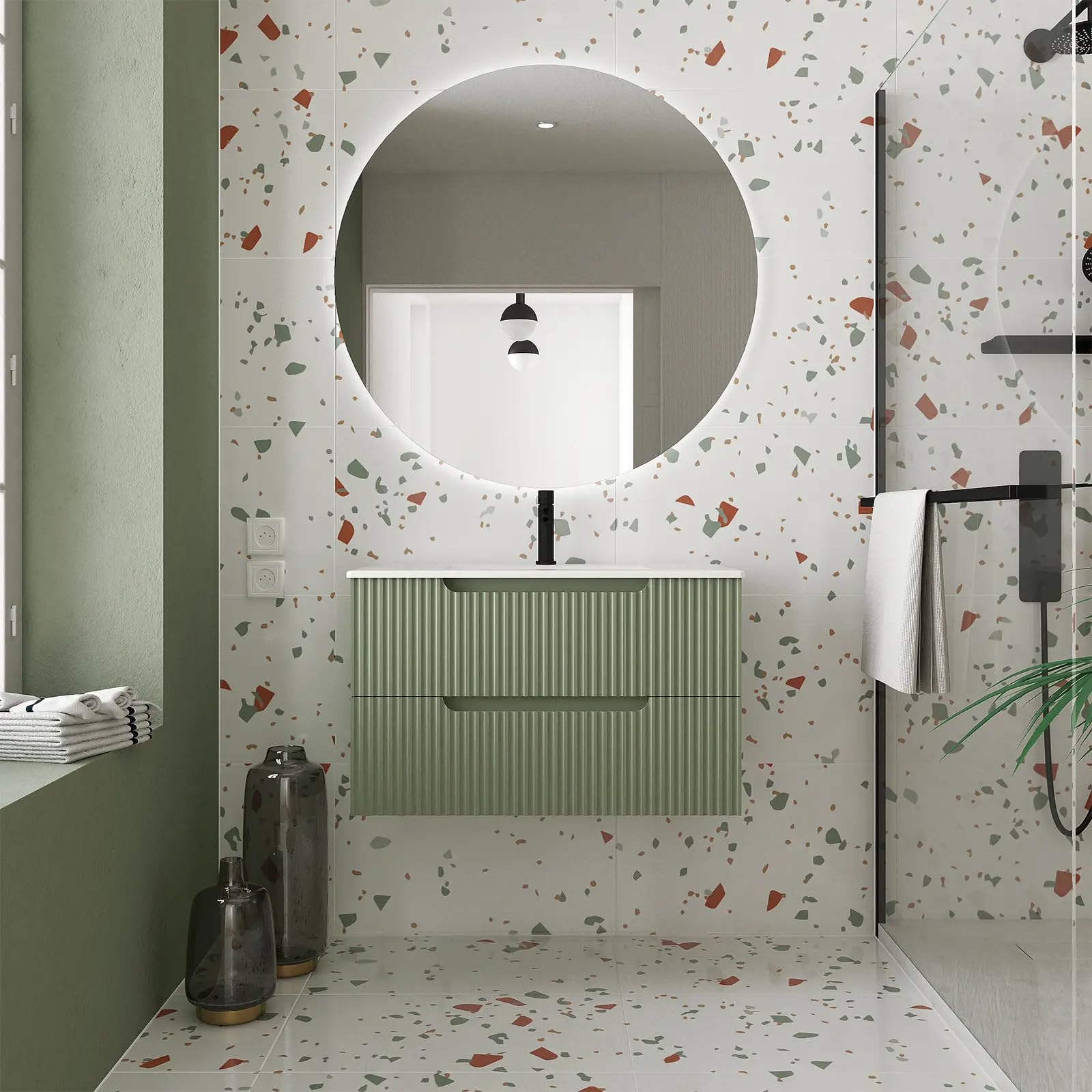 Meuble de Salle de Bains LEON 80cm Vert Olive - 2 Tiroirs en MDF Ondulés - Vasque à encastrer