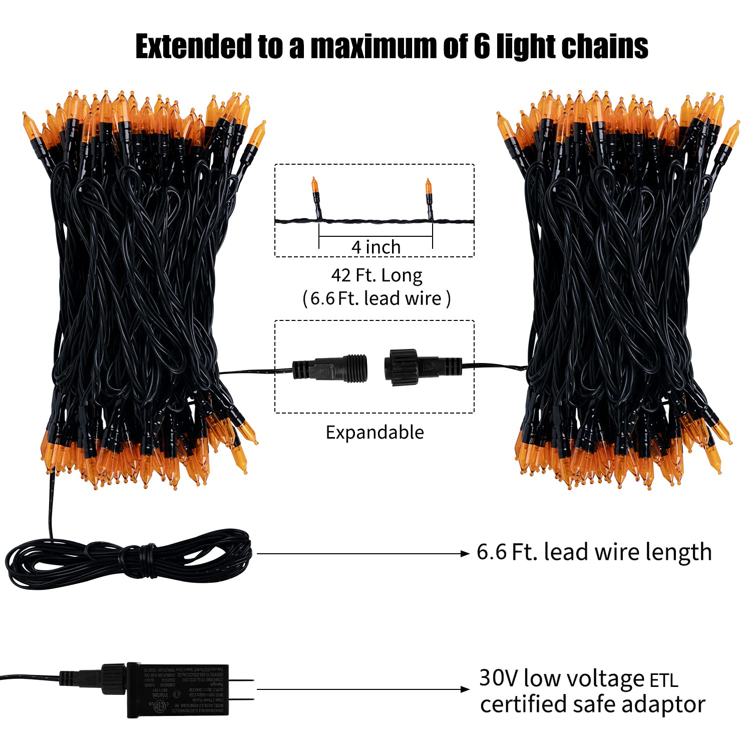 Luces LED naranjas de Halloween para exteriores, 100 mini luces LED de 39 pies con 8 modos de iluminación, tira de luces de Halloween conectables para jardín, patio, fiesta, casa encantada, fantasma 6