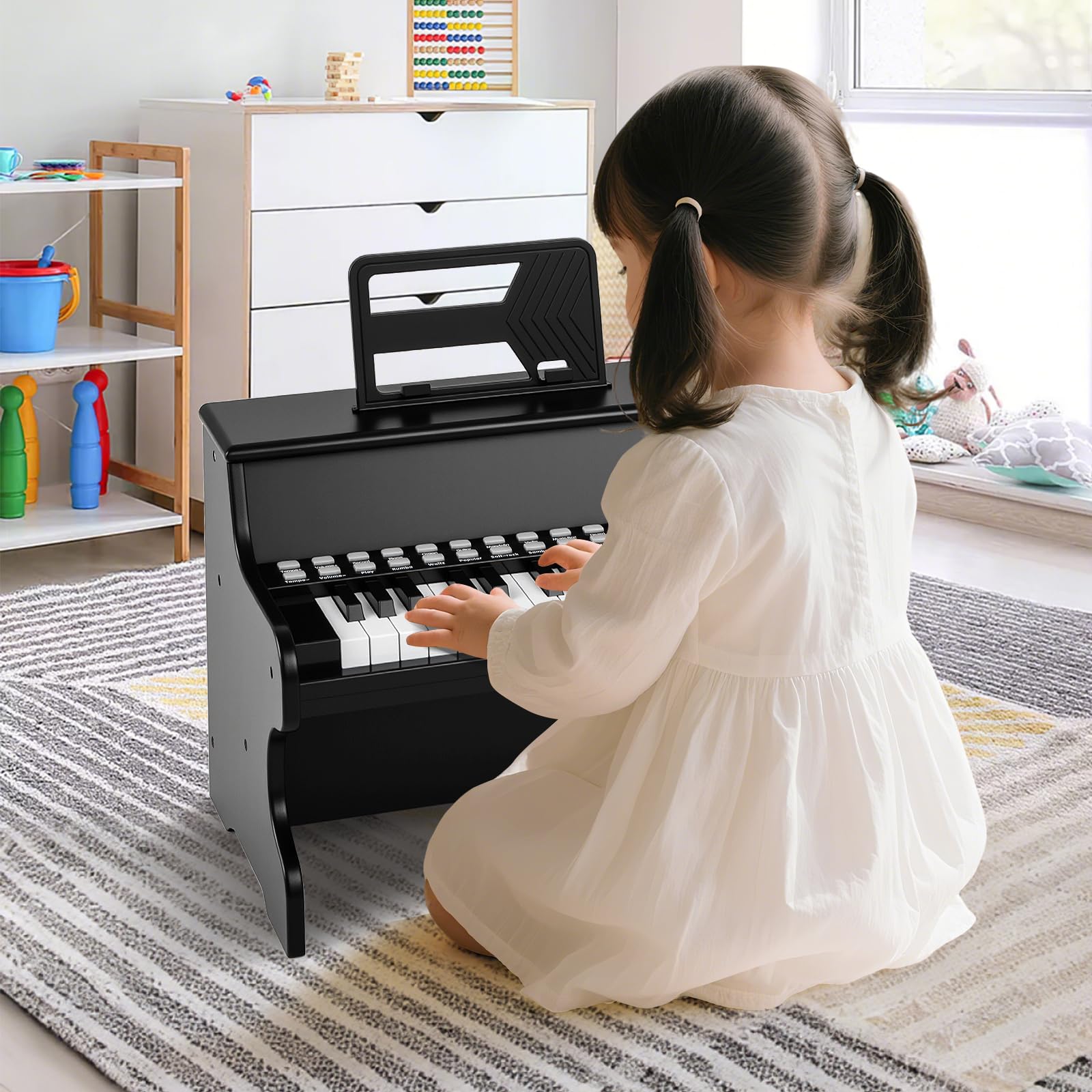 KOMFOTTEU Pianoforte digitale a 25 tasti per bambini, pianoforte in legno con leggio, tasti illuminati, modalità didattica, 6 strumenti, 8 percussioni, tastiera per pianoforte con registrazione e