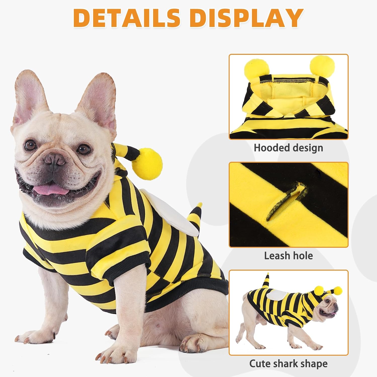 Dog Bee Costume Clothes, Fleece Funny Dog Sweater Hoodie Outfits, Pet Halloween Cosplay Cold Weather Coats with Leash Hole for Small Medium Large Dogs Pug Pitbull Corgi Puppy Gift, Yellow S