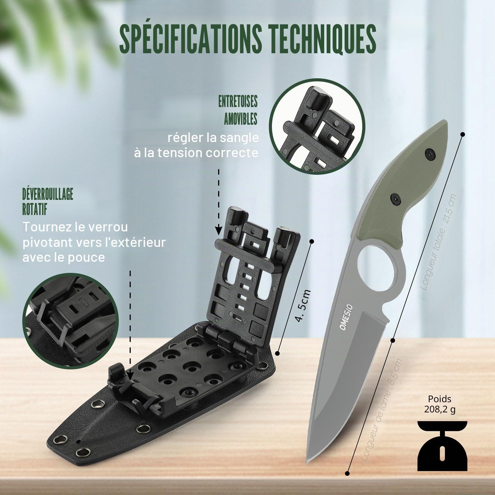 Omesio Couteau Outdoor 5CR13MOV acier Full tang couteau fixe lame drop-point 8,5 cm couteau de ceinture EDC avec Kydex fourreau(manche vert + lame blanche)
