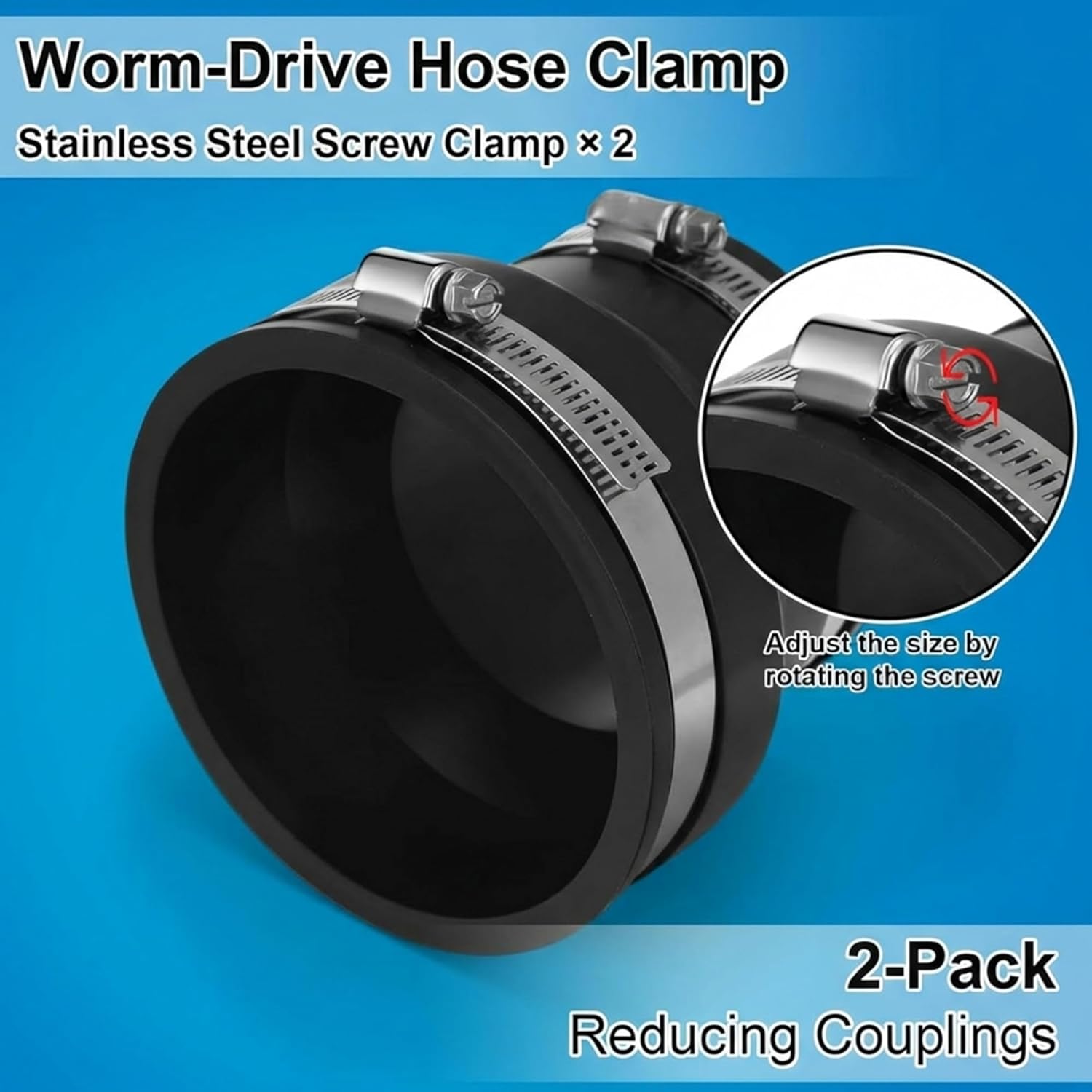 2 Pcs 6" x 4" Flexible PVC Reducing Pipe Coupling with Stainless Steel Clamps Fits for DWV Pipes, Cast Iron, Plastic, Copper, Steel Plumbing Connections