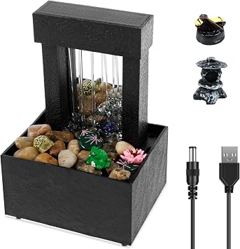 Tabletop Fountain with Light Indoor Desktop Waterfall Fountain Battery/USB Operated Mini Water Fountain Feature Waterfall Decor Sound Relaxation Fountain Ornament for Office Home