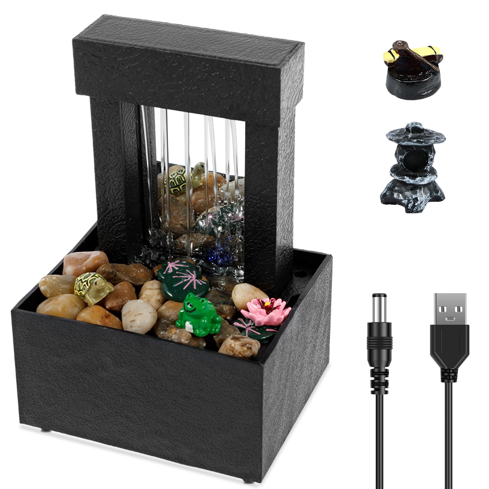 Foppla Tabletop Fountain with Light Indoor Desktop Waterfall Fountain Battery/USB Operated Mini Water Fountain Feature Waterfall Decor Sound Relaxation Fountain Ornament for Office Home