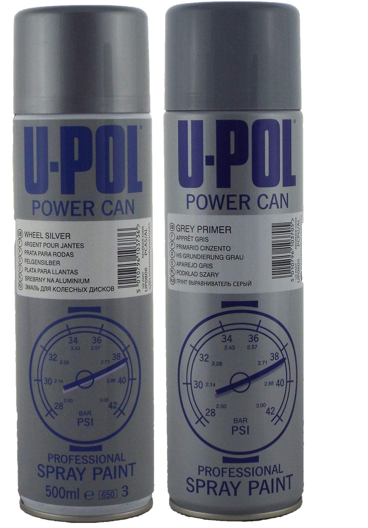 UPOL U-POL Power Can 500ml Grey Primer + Alloy Silver Spray Aerosol Paint X2 Pack