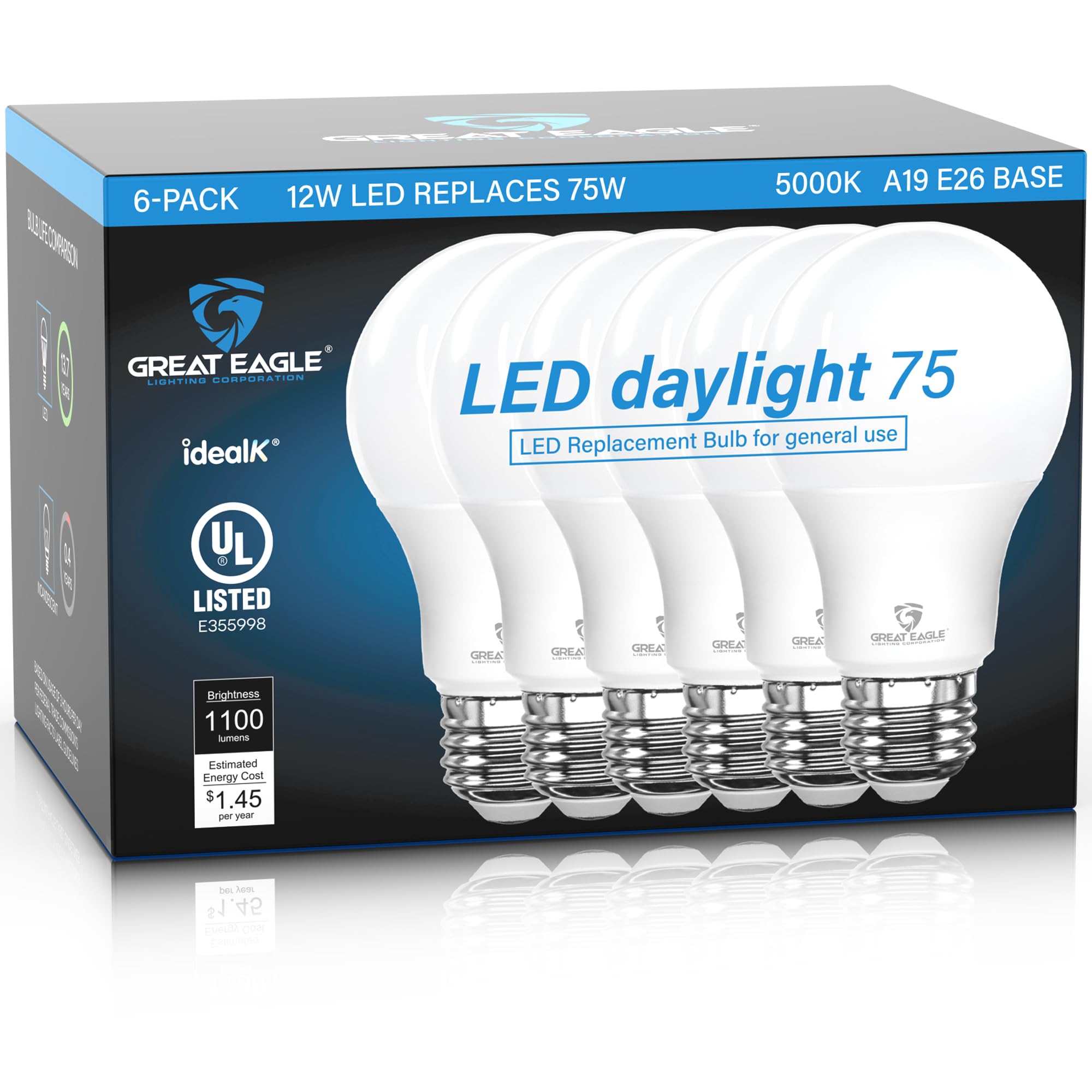 Great Eagle A19 Led Bulbs 75 Watt Equivalent - UL Listed - 5000K Daylight 75 Watt Led Light Bulbs - Non Dimmable - Standard Replacement (6 Pack)