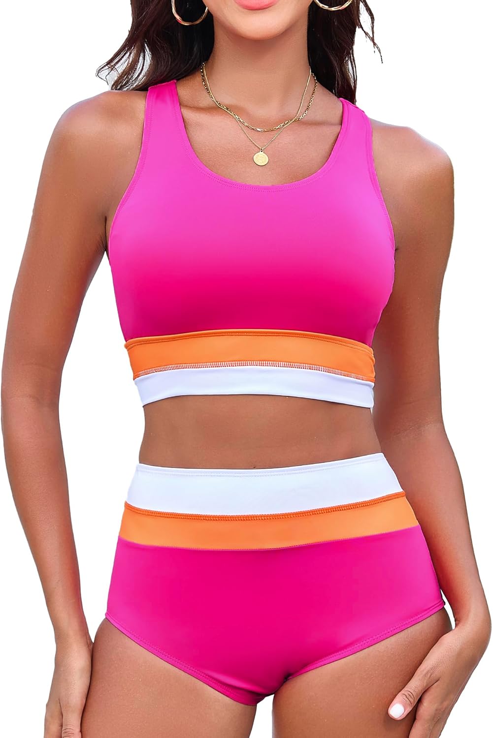 Women's High Waisted Bikini Sets Two Piece Swimsuit Color Block Sporty Athletic Moderate Coverage Bathing Suits