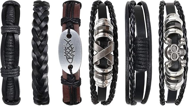 flintronic® Leather Bracelet, 6Pcs Adjustable Fashion Punk Braided Men & Women Rope Bracelet Cuff Vintage Bracelets Wrap Set Series