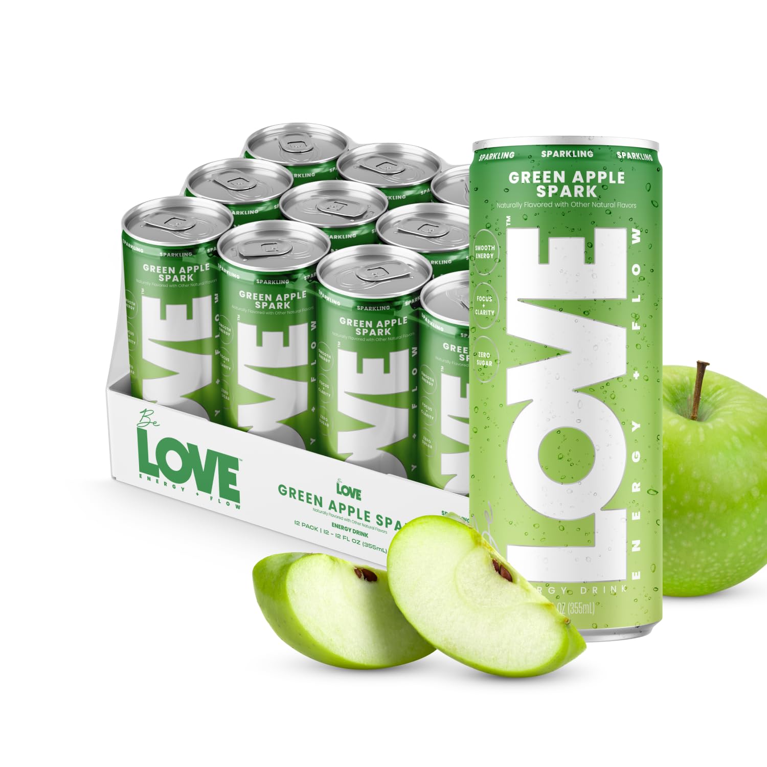 Be LOVE™ Nootropic Energy Drink – 80mg Natural Caffeine, L-Theanine & Alpha-GPC for Clean Calm Focus – Zero Sugar, Low Calorie, 100% DV B-Vitamins – Non-GMO, Vegan – 12 fl oz (Pack of 12) (Green Apple Spark)