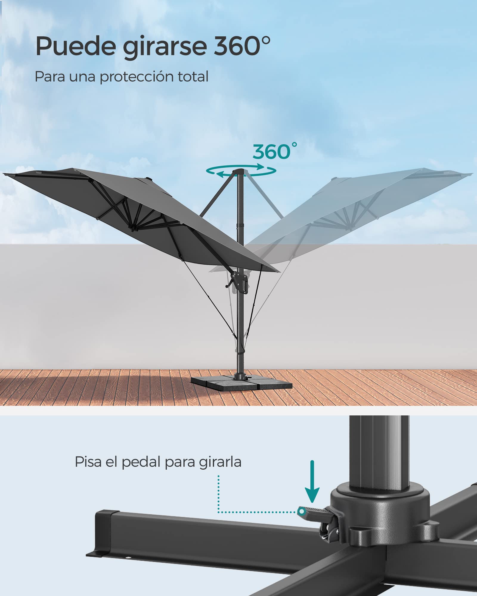 SONGMICS Sombrilla de Jardín de 290 x 290 c, Parasol Excéntrico, UPF 50+, Giratorio 360°, Inclinación Ajustable, con Base en Cruz, Correa de Sujeción y Funda, Gris GPU039G01