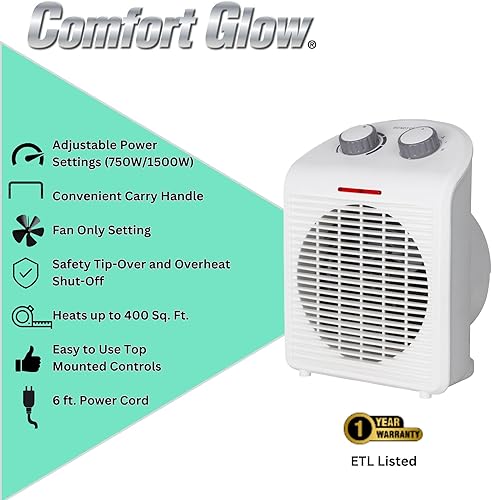 Miniatura 8 de Comfort Glow EFH1518 Calentador eléctrico de ventilador, color blanco