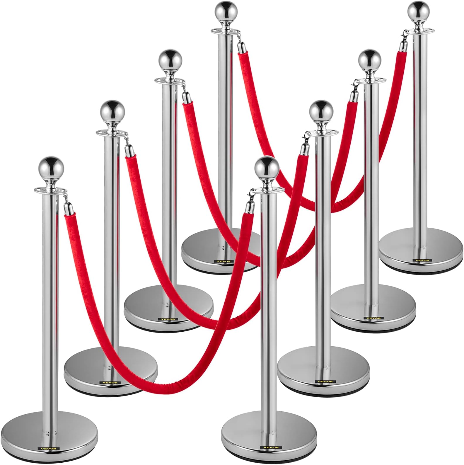 8pcs Stanchion Post Silver,Red Velvet Rope