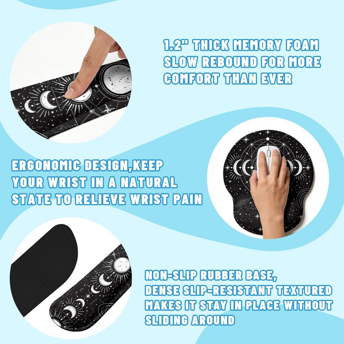Moon Phase Desk Mat Set Celestial Astrology Black White Large Mouse Pad with Wrist Rest 4in1 Desk Mat for Desktop Ergonomic Computer Desk Arm Wrist Anti-Slip Computer Mouse Pad Home Office Gaming image 3
