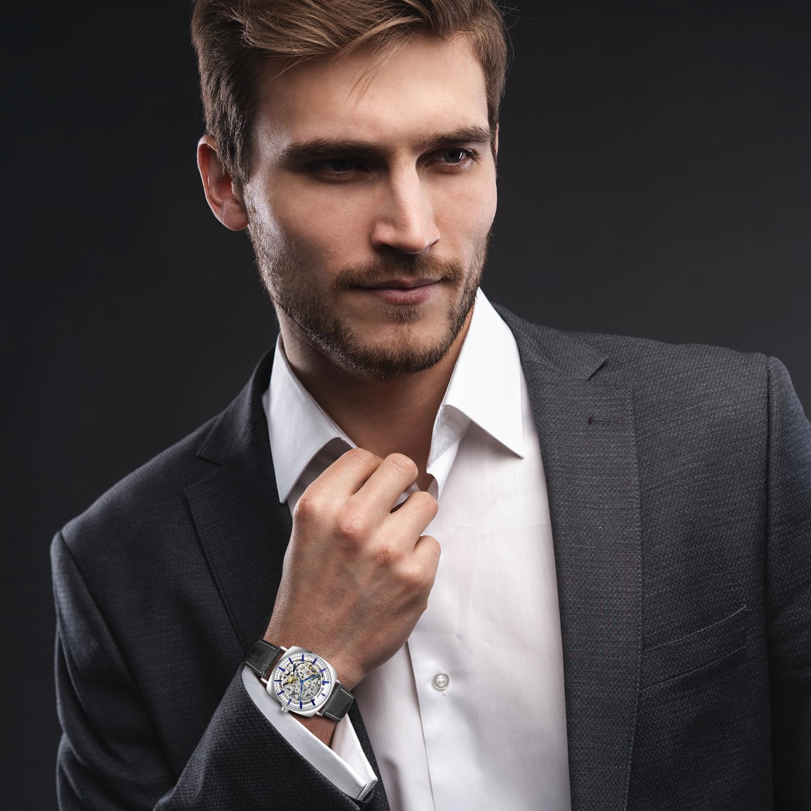 JewelryWe Herrenuhr Automatik Mechanische Uhr 30m wasserdicht Analog Automatische Armbanduhr Automatikuhr Herren Schwarz Echtes Lederarmband Skelett Uhr