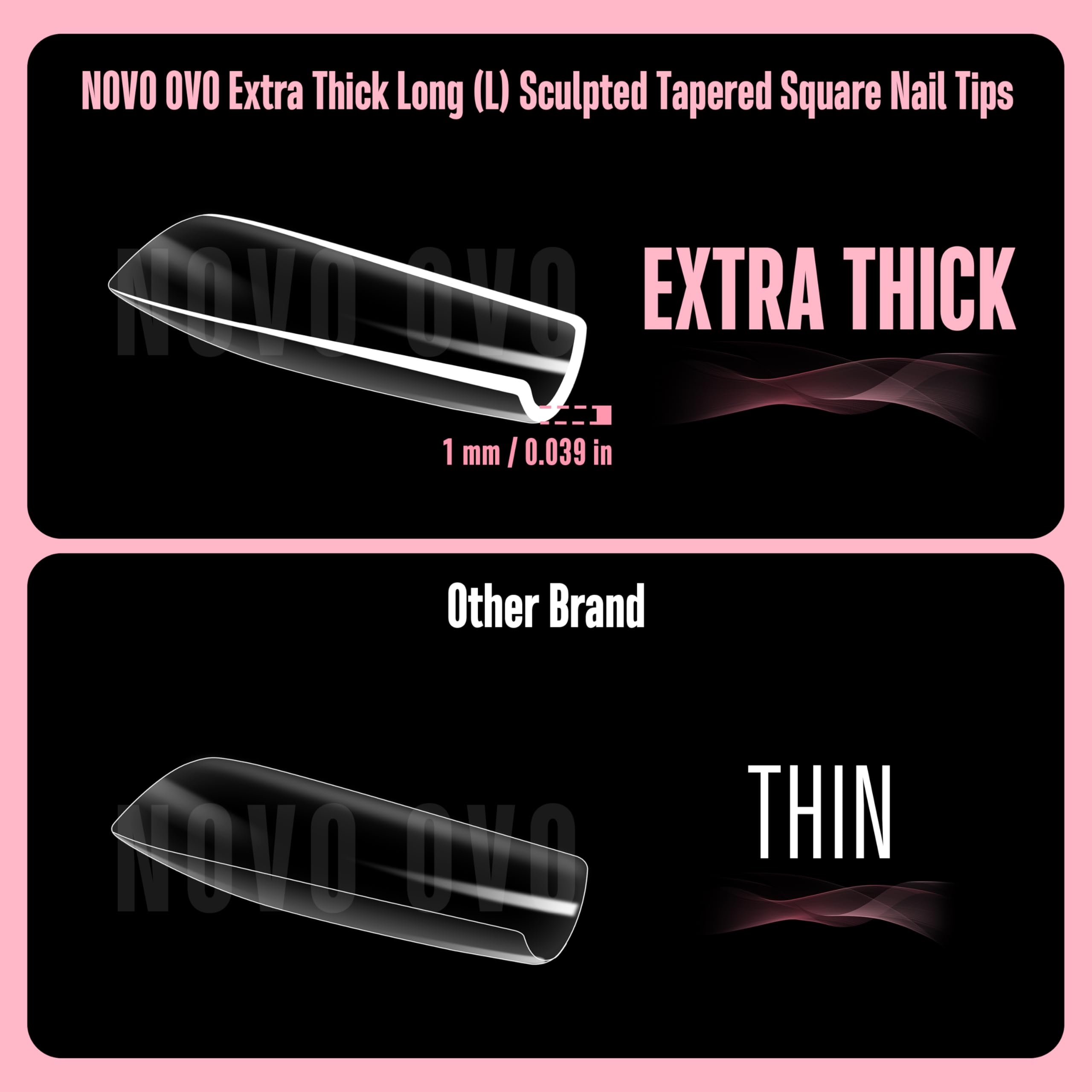 NOVO OVO Long Square Nail Tips SCULPTED (Not NATURAL) for Curved and Round Nail Beds Extra Thick L Length False Nails Press on - Image 2