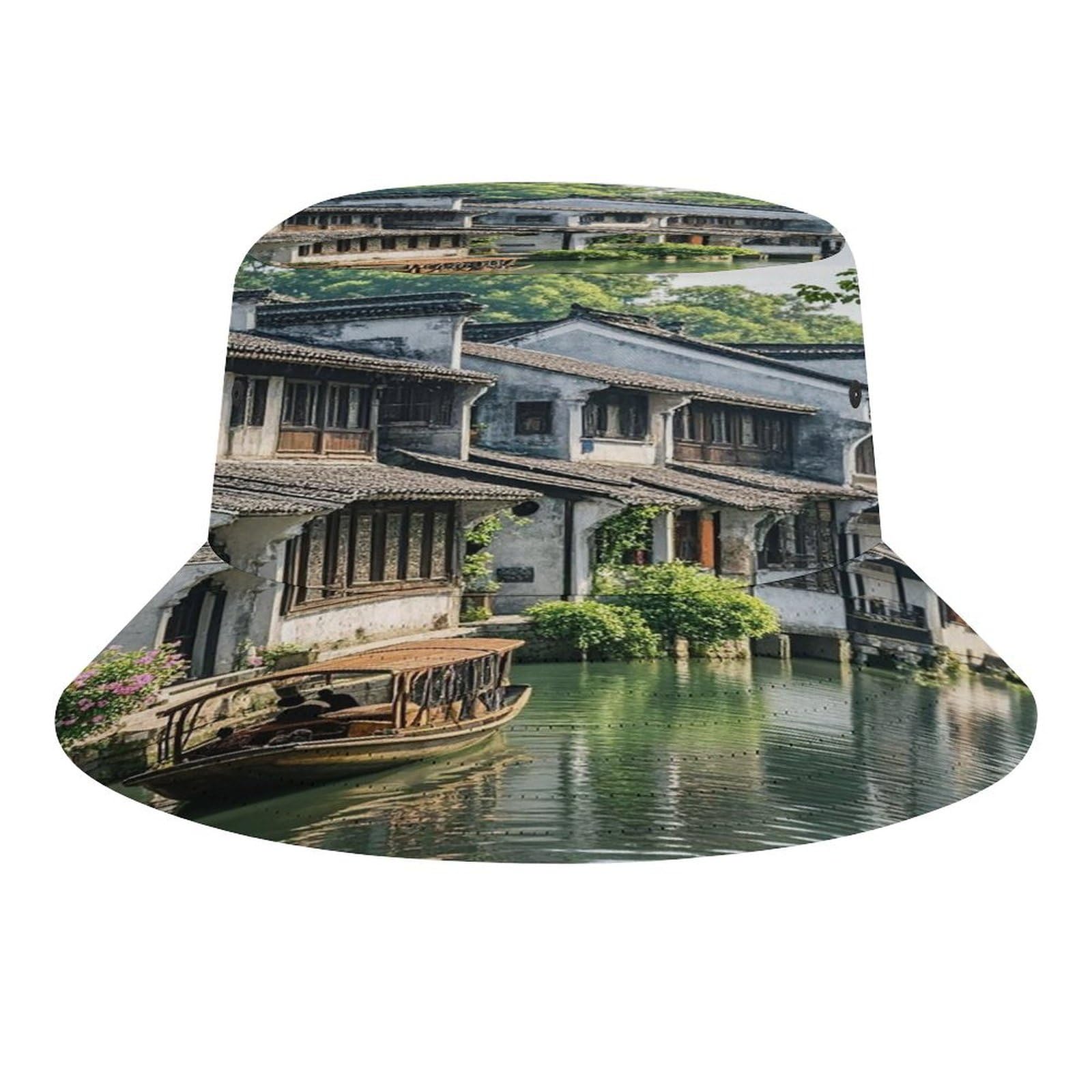 Jiangnan Water Towns Sun Hats Wide Brim Bucket Hat UV Protection Hat for Fishing Hiking Beach Garden Black