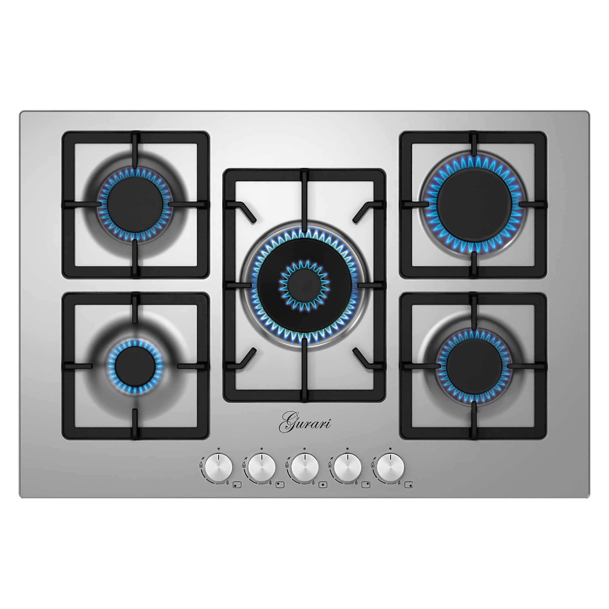 Gurari GCH FQ755VTGC - Placa de cocina (75 cm, acero inoxidable, 4,0 KW WOK, 5 quemadores de gas, FL.Gas