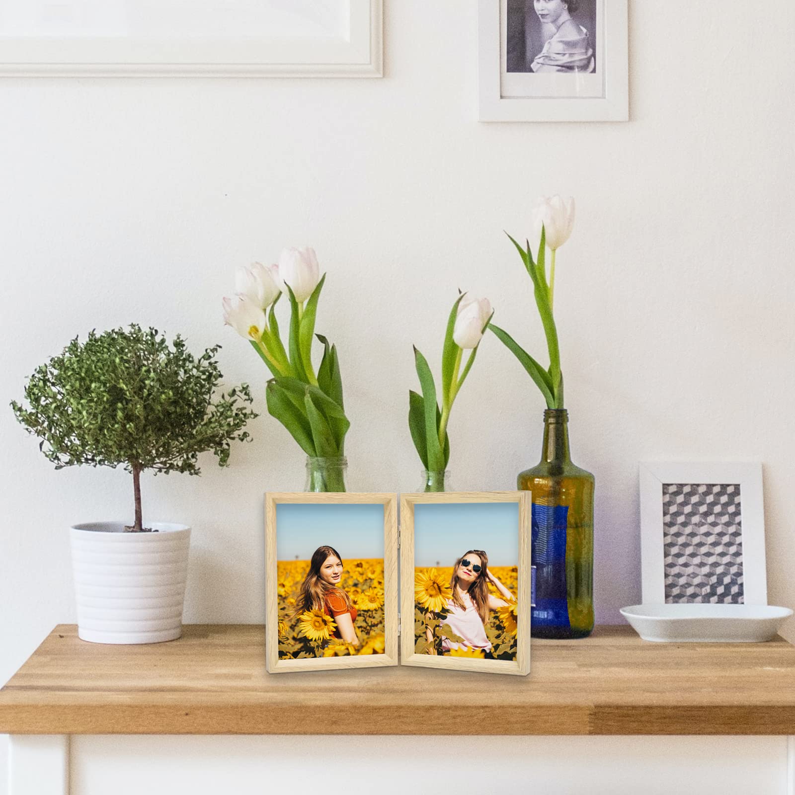 Amazon.co.jp: 4x6 ダブル写真フレーム 木目 木製蝶番式 斜めフォト