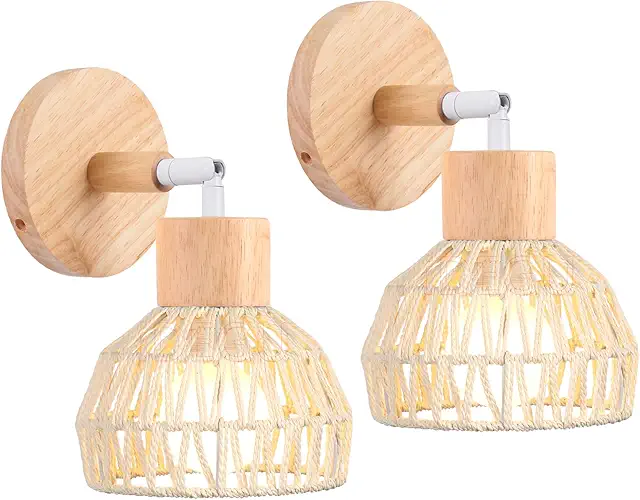Lot de 2 Appliques Murales Bohème Rétro en Rotin et Bois - Lumière Murale et Plafond Ajustable
