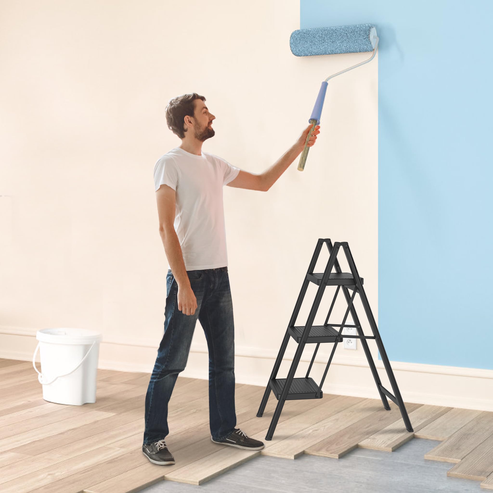 LZQ Scaletta pieghevole a 3 gradini sgabello con pedale largo, leggera, antiscivolo, scala pieghevole con blocco di sicurezza, portata fino a 270 kg, scala pieghevole per casa, cucina, nero