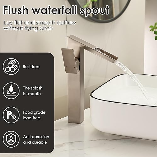 Miniatura 3 de AUU Grifo de lavabo de baño en cascada de latón macizo, elegante grifo de lavabo de un solo orificio (níquel cepillado)