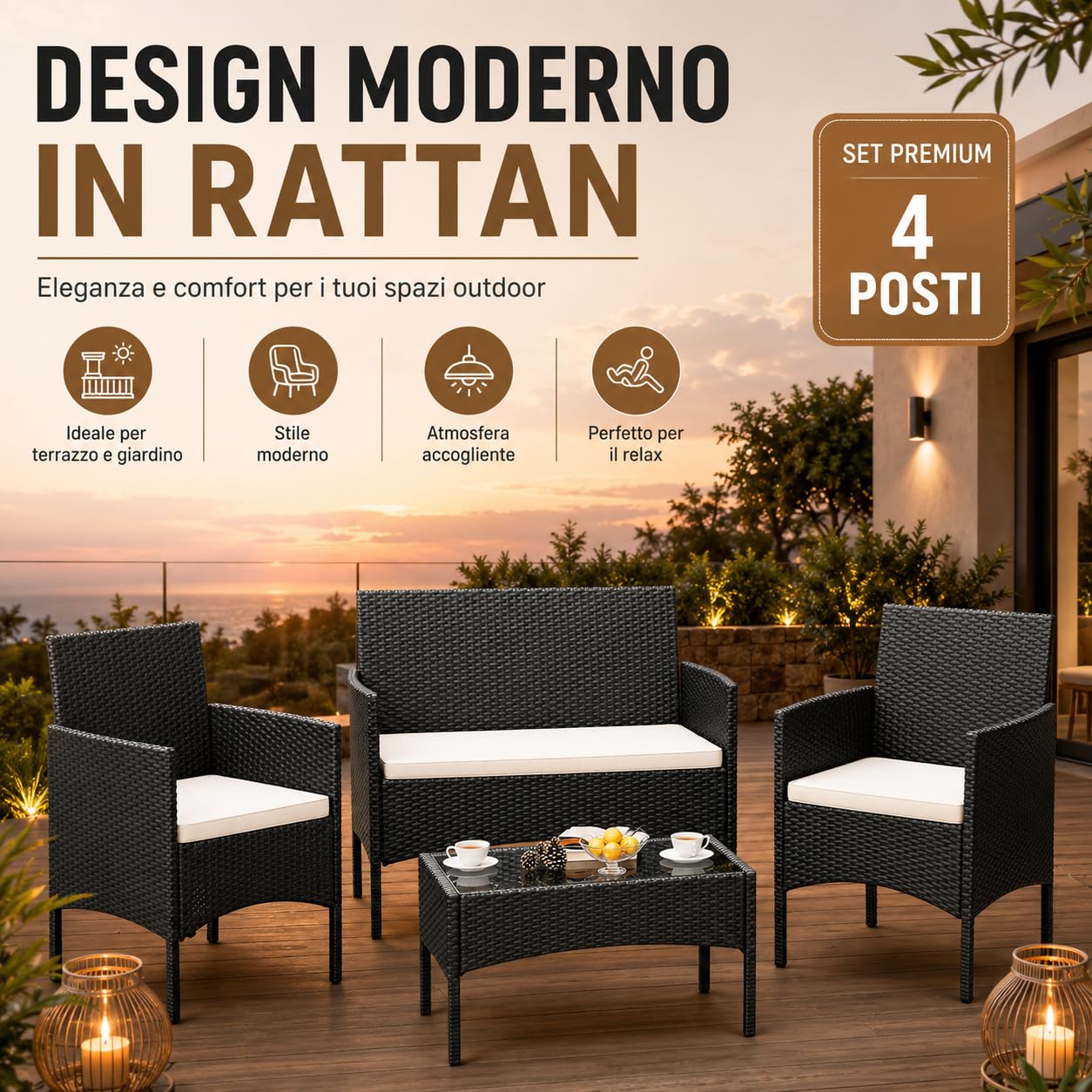 Salotto da Esterno in Rattan 4 Posti con Divano, 2 Poltrone e Tavolo in Vetro Temperato – Set Giardino Premium Waterproof con Cuscini Sfoderabili per Terrazzo e Patio - Salotto Relax Estivo (Rattan)