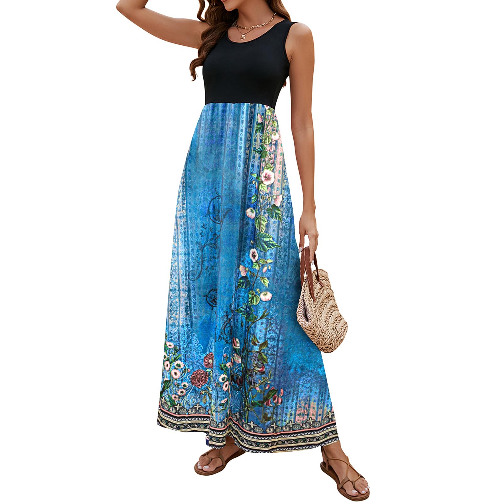 Sherosa Women Boho Chevron Striped Floral Printed Summer Sleeveless Tank Long Maxi Party Dress