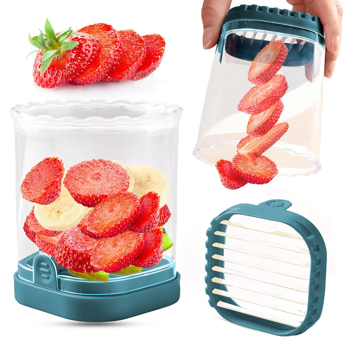 Fruit Slicer Cup Detachable Strawberry Slicer Banana Egg Slicers with Push Plate, for Vegetable Cutting Kitchen Gadget (Navy)
