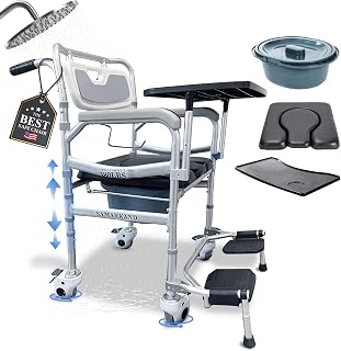 SAMARKAND 3 in 1 Commode Shower Chair with Wheels + Wheelchair Tray + Footrest – Rolling Shower Chair for Elderly and Disabled - Bedside Commode Toilet - Shower Wheelchair - Toilet Riser with Handles