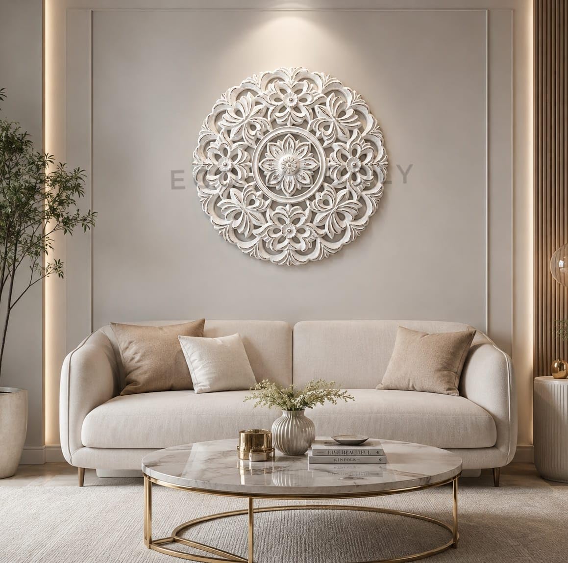 ECO WOODLY Wooden Wall Panel for Home Decor | Floral Mandala Carved Wall Art | Premium MDF Decorative Wall Hanging Panel | Vintage White Finish | Living Room, Bedroom & Office Decor (24 x 24 Inch) (White)-image-5