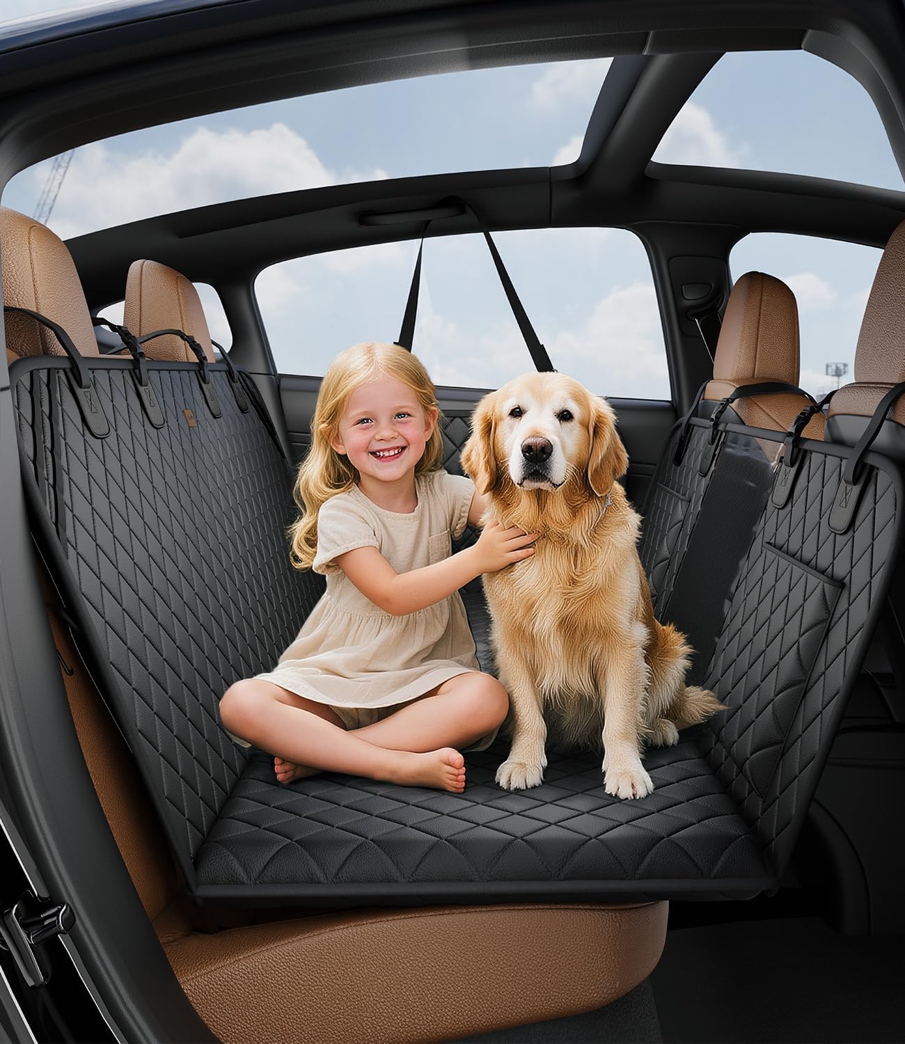 Dog Car Seat Cover Back Seat Extender for Dog Car Hammock Dogs Heavy Durable Waterproof with Mesh Window and Storage Pocket, Hard Bottom Holds 450LBS，SUV, Truck, BK-Faux Leather