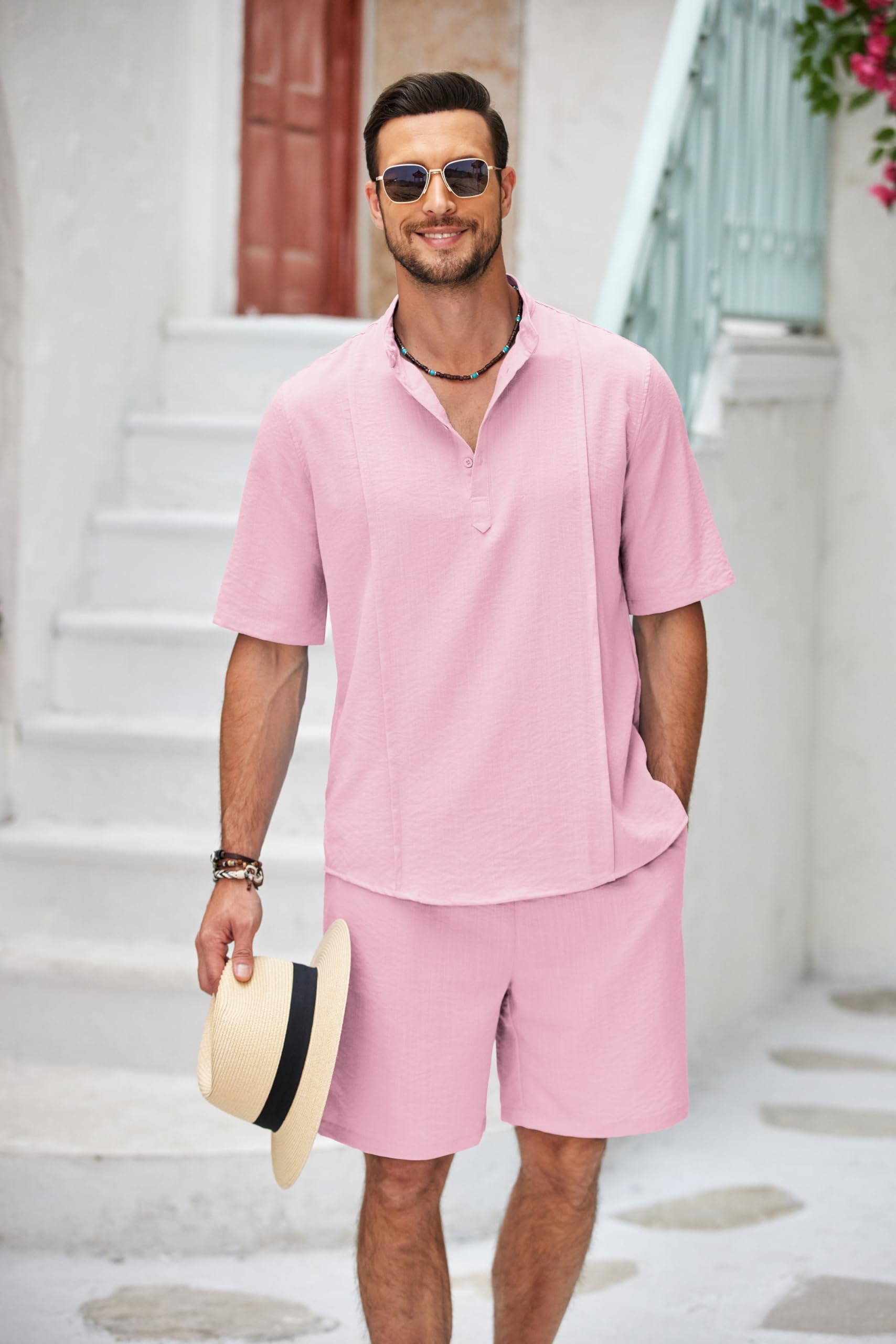 COOFANDY Set da uomo in lino da 2 pezzi, camicia Henley a maniche corte e pantaloncini, estivo, da spiaggia, yoga, abiti abbinati