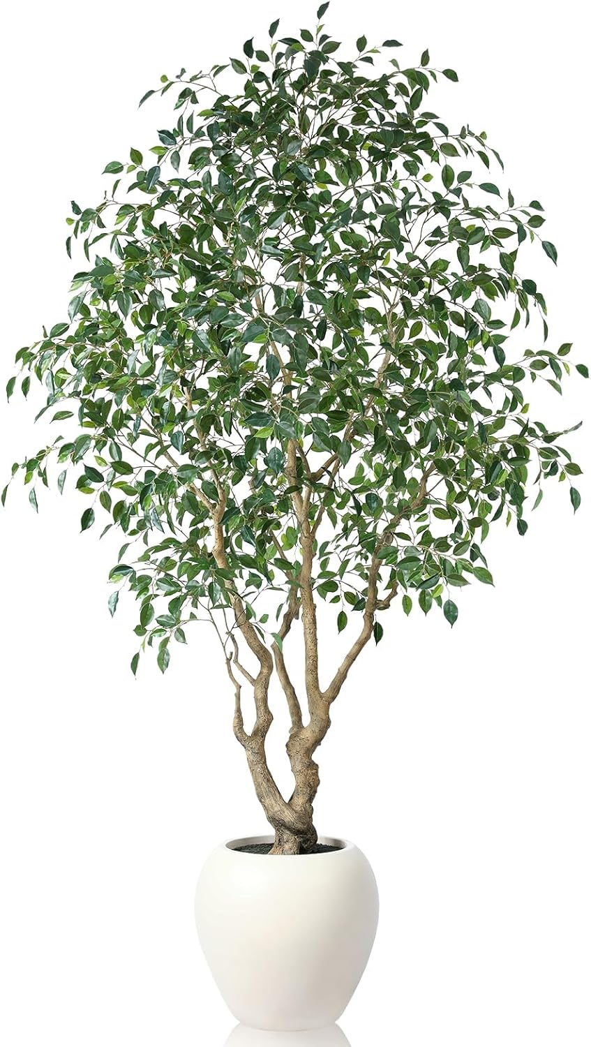Ficus Tree Artificial Indoor, 8 Feet Tall Faux Ficus Tree with Round Artisan Planter, Premium Handmade, Realistic Trunk & Lifelike Leaves, Perfect for Large Spaces & Elegant Home/Office Decor