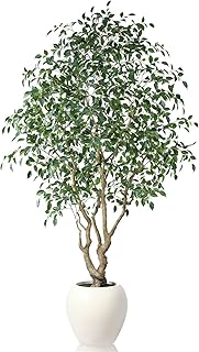 Ficus Tree Artificial Indoor, 8 Feet Tall Faux Ficus Tree with Round Artisan Planter, Premium Handmade, Realistic Trunk & Lifelike Leaves, Perfect for Large Spaces & Elegant Home/Office Decor