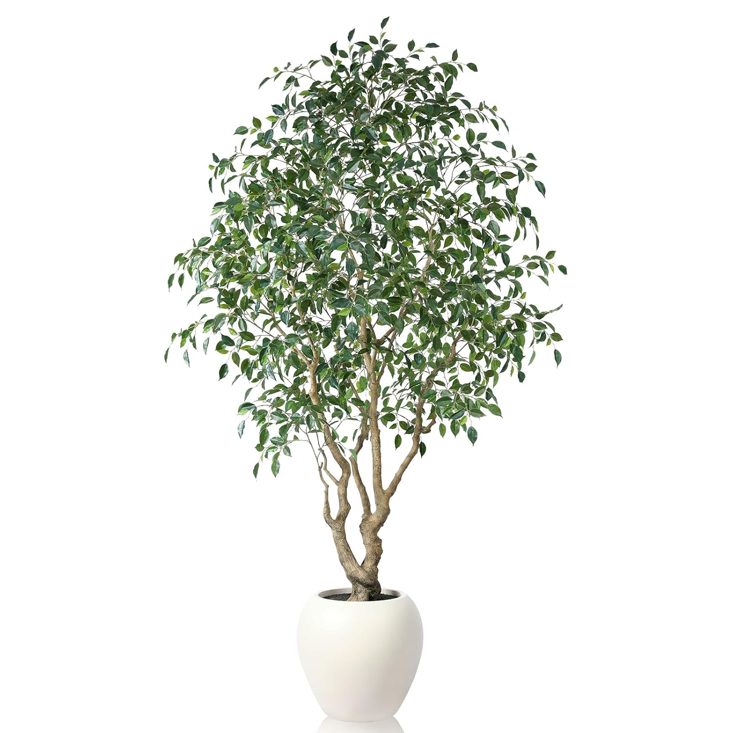 Ficus Tree Artificial Indoor 8 Feet Tall Faux Ficus Tree with Round Artisan Planter Premium Handmade Realistic Trunk