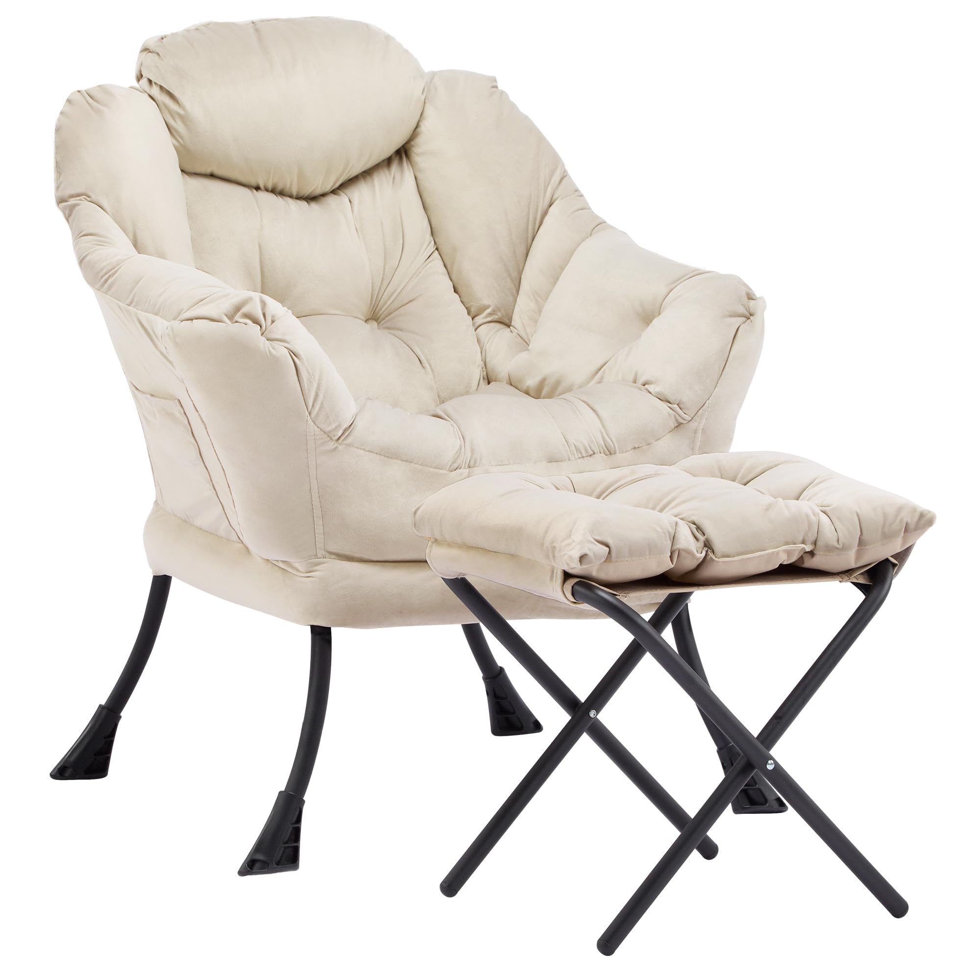 Aunekiv Armchair with Footstool, Modern Accent Chair with Steel Frame, Comfy Reading Chair with Side Pocket, Upholstered Lazy Chair with Ottoman for Small Space, Bedroom, Living Room,Beige