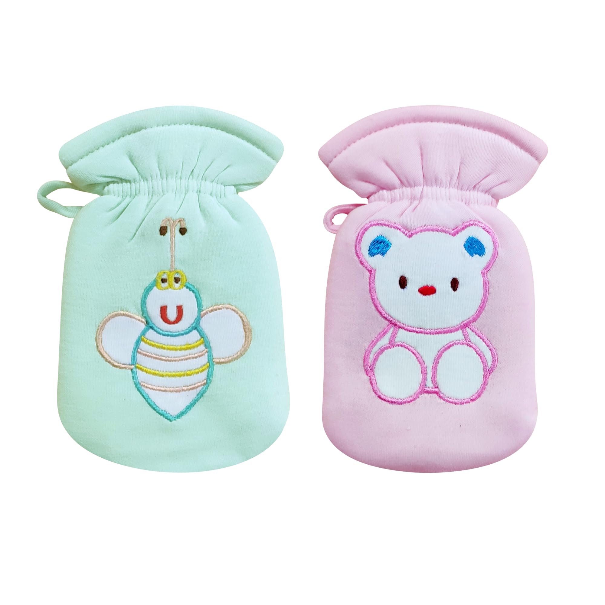 Soft Cotton Baby Feeding Bottle Cover Set of 2 (60-125 ml) Embroidered Patch Cartoon Baby Bottle Covers Tote Bags, Pouch Hanging Loop on Neck, Easy to Grip Stretchable Neck Green & Pink-image-48