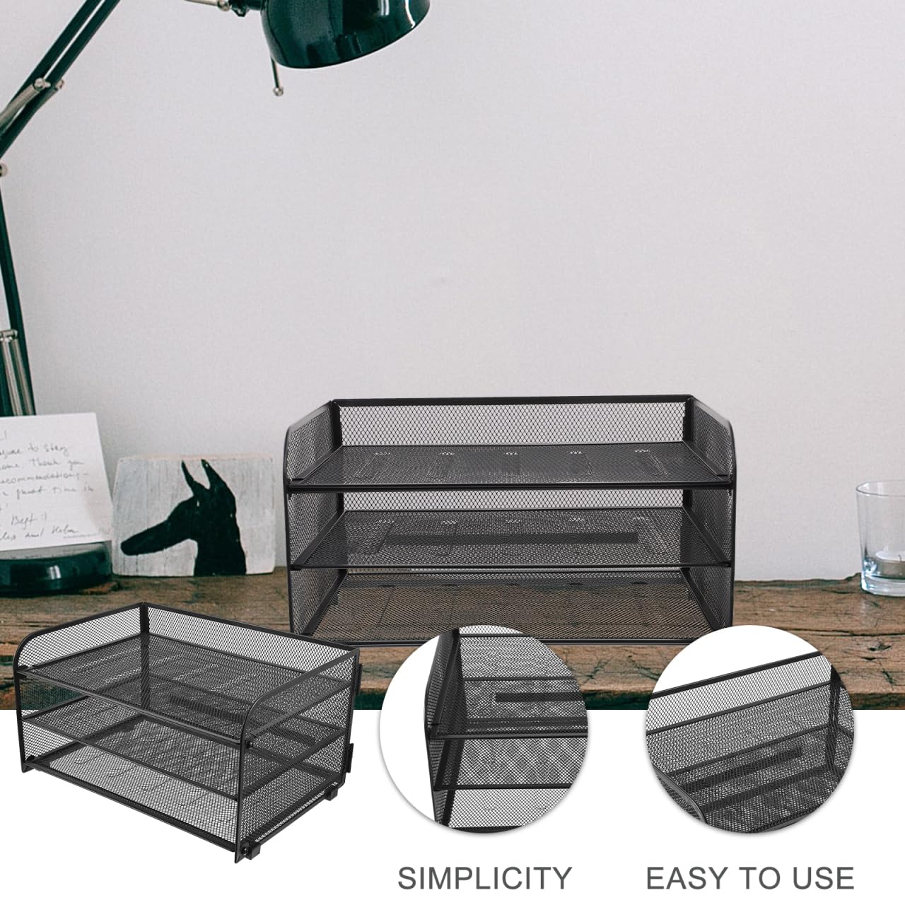TEHAUX Organizer per documenti da scrivania a 3 ripiani in rete staccabile, in metallo, per ufficio, casa, scuola, classe, piano di lavoro, posta, raccoglitore, organizer nero, 32 x 23 x 17 cm