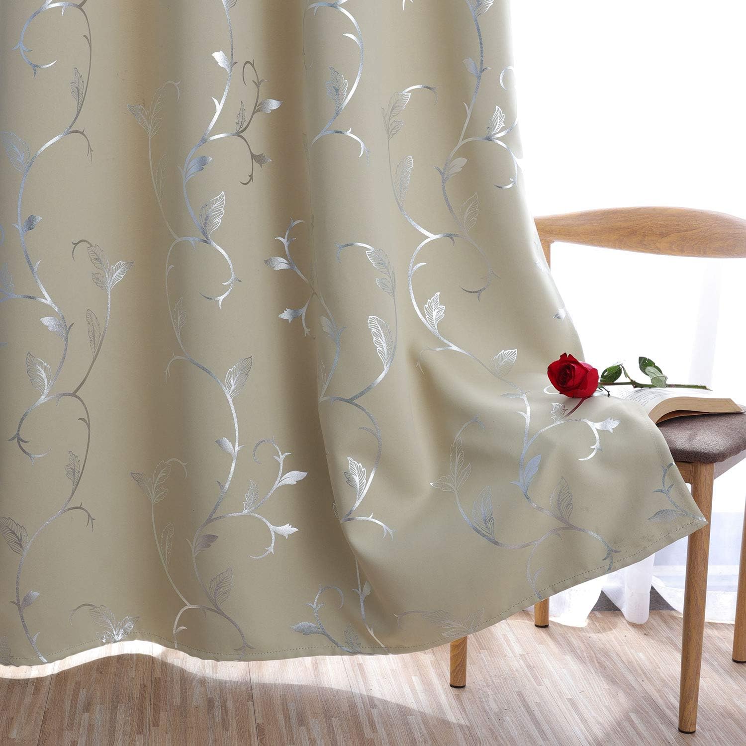 BUHUA Small Window Blackout Curtains Bedroom Darkening Curtain Pairs Silver Floral Print Blackout Curtains for Kitchen 38W×54L Beige2 Panels