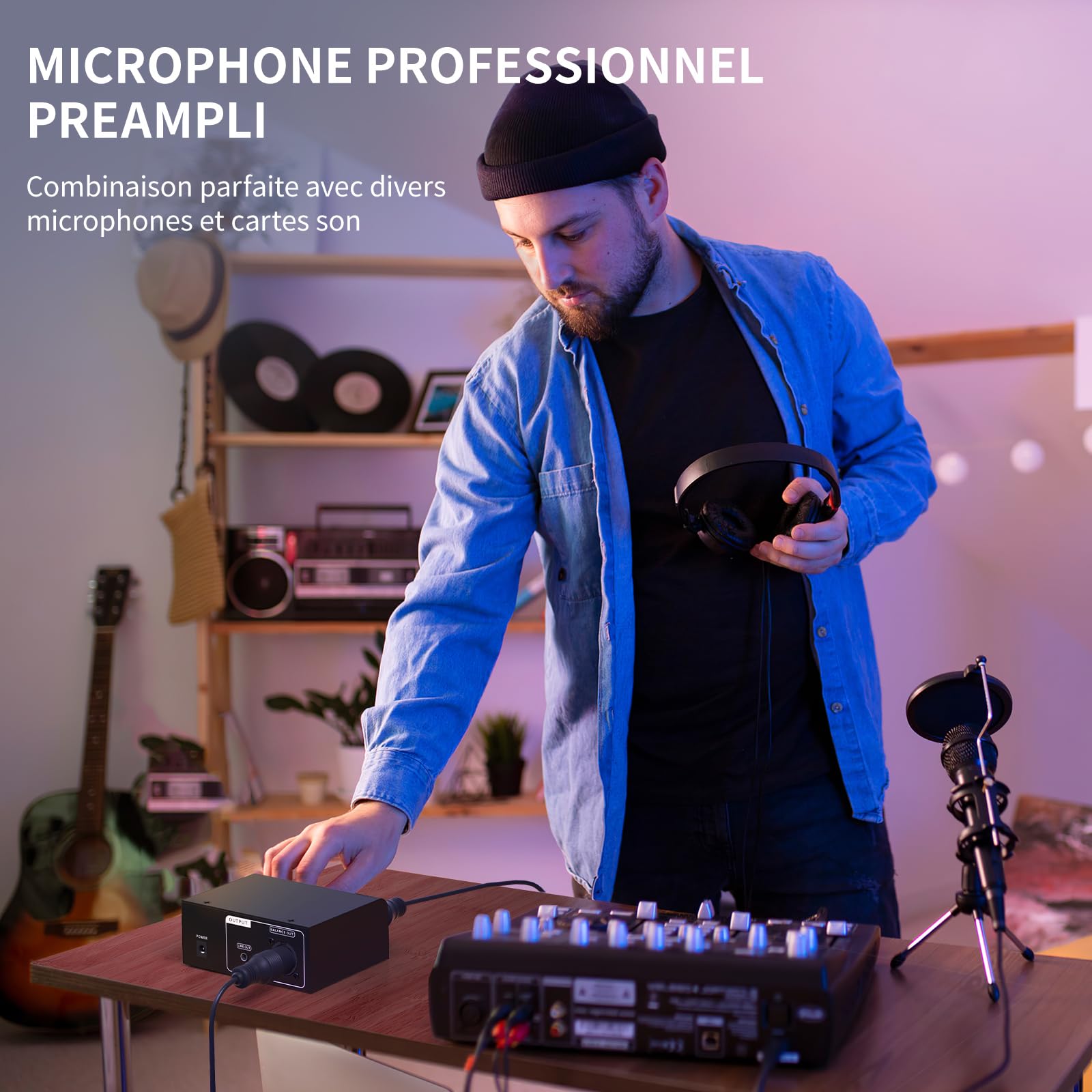 XTUGA XIC1 Préampli micro pour microphones dynamiques et à condensateur Booster avec 2 entrées Max 75db Gain 48V Phantom Power Sortie XLR