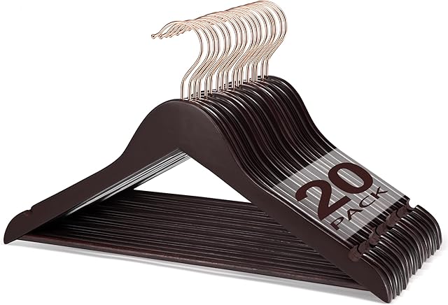 HOUSE DAY Wooden Hangers, 20PCS brown Wooden Coat Hangers for Clothes Adult, Clothes Hangers, Suit Hangers with Bridge and Notches, 360° Rotating Hook in Rose Gold