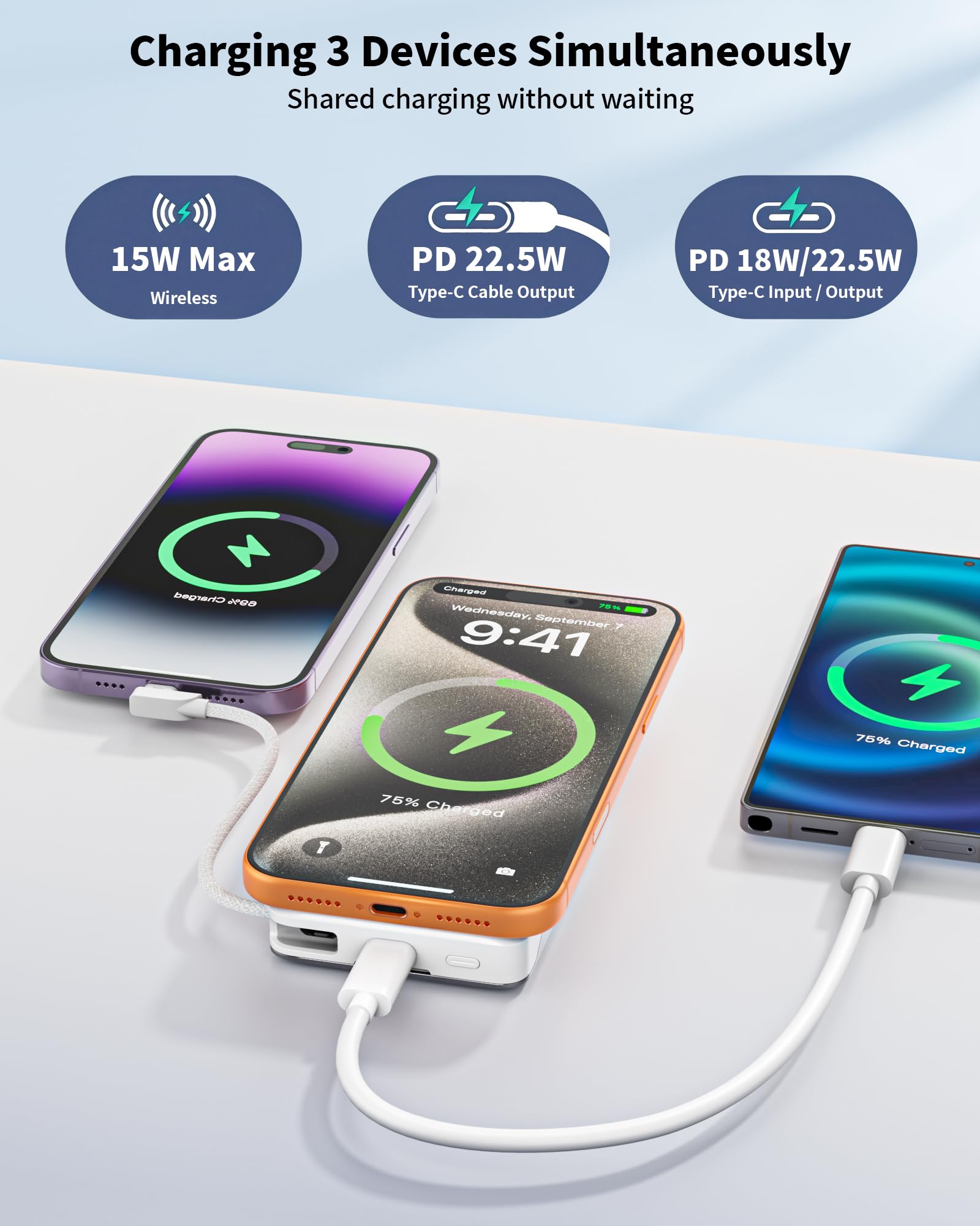 Magnetic Power Bank Wireless Portable Charger, 10000mAH Power Bank for Magsafe Battery Pack with Foldable Stand Built-in USB C Cable, 22.5W Fast Charging Travel Essential for iPhone 17 16 15 14 13 12 — view 2