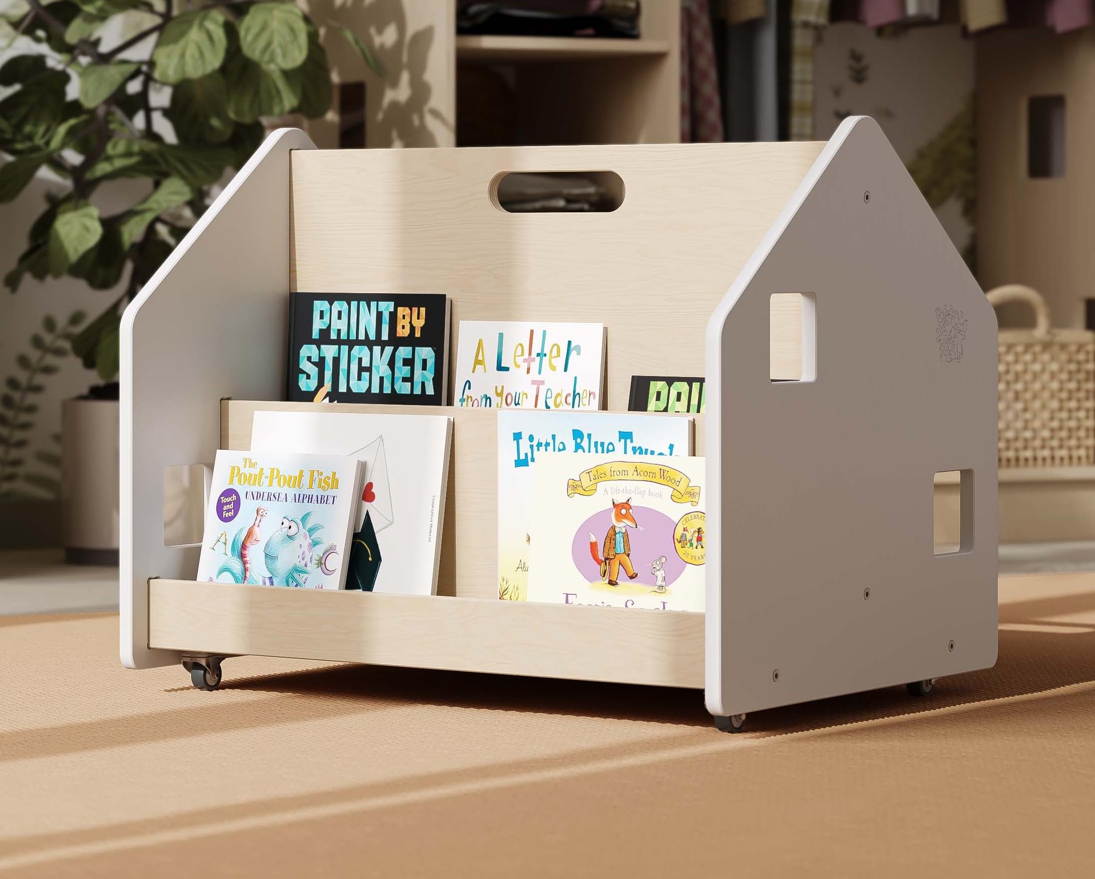 Montessori Wooden 4 Tier Double-Sided Kids Mobile Wheels Bookshelf Toddler Children Book Shelf Portable Movable Storage Bookcase Rack Open Organizer Multifunctional Display Holder (White)