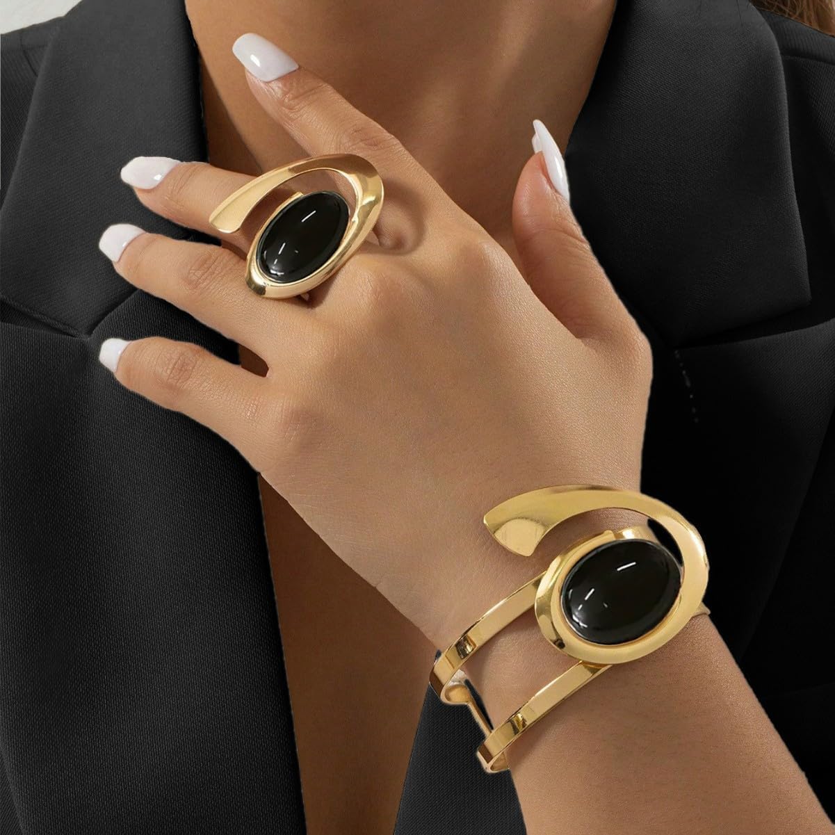 Vintage Gold Open Bracelet Ring Set Exaggerated Oval Black Acrylic Bracelet Ring Set Trendy Jewelry Set For Women - Image 5