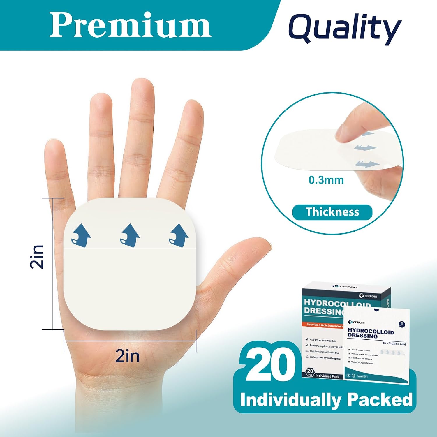 Ceeport 20 Pack Hydrocolloid Wound Dressing, 2" x 2" Ultra Thin Hydrocolloid Bandages with Self-Adhesive, Waterproof Hydrocolloid Patch for Bed Sore, Mild Burn, Blister, Acne Care