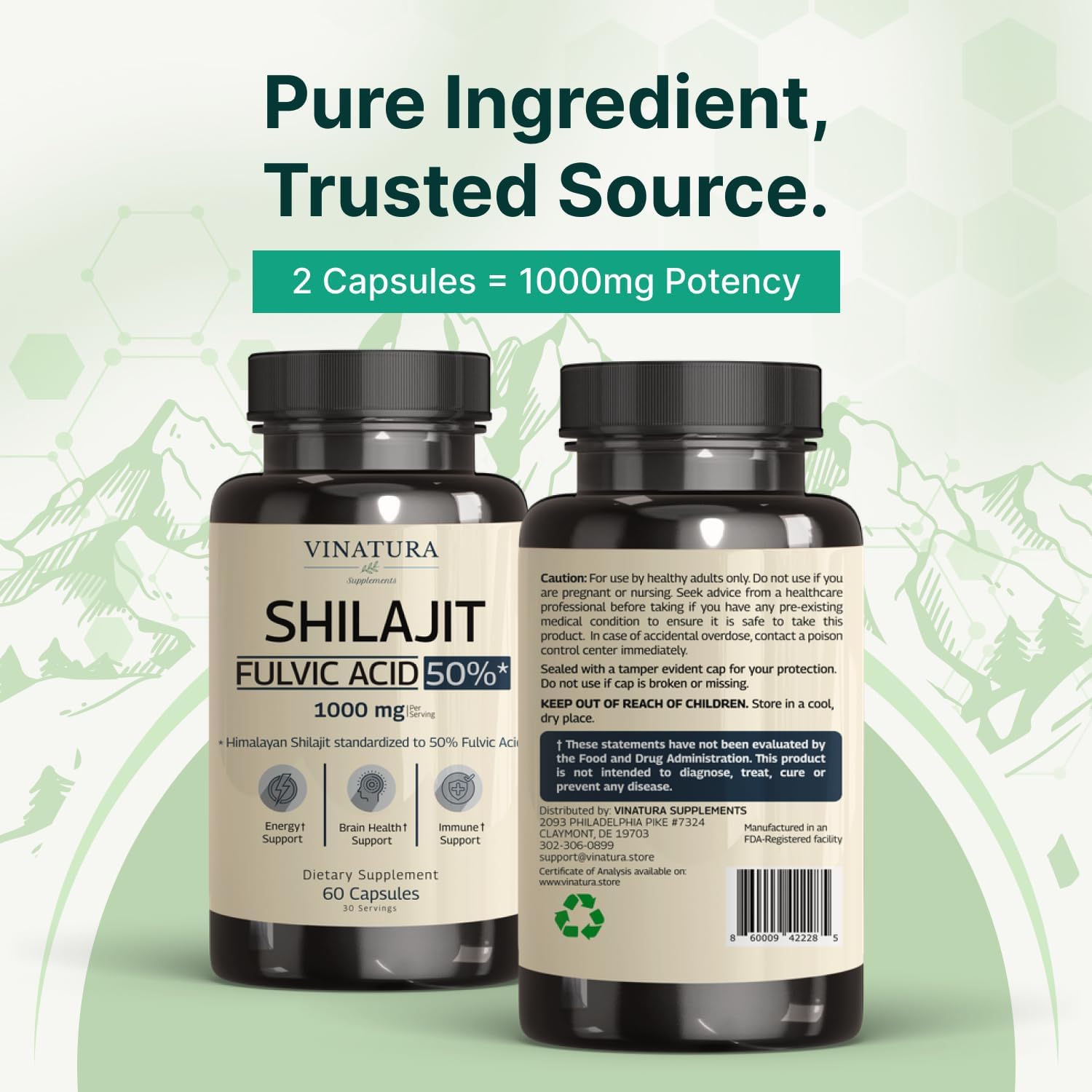 VINATURA Shilajit for Men and Women - 1000mg Pure Himalayan Shilajit Capsules, standardized to 50% Fulvic Acid - 60 Capsules