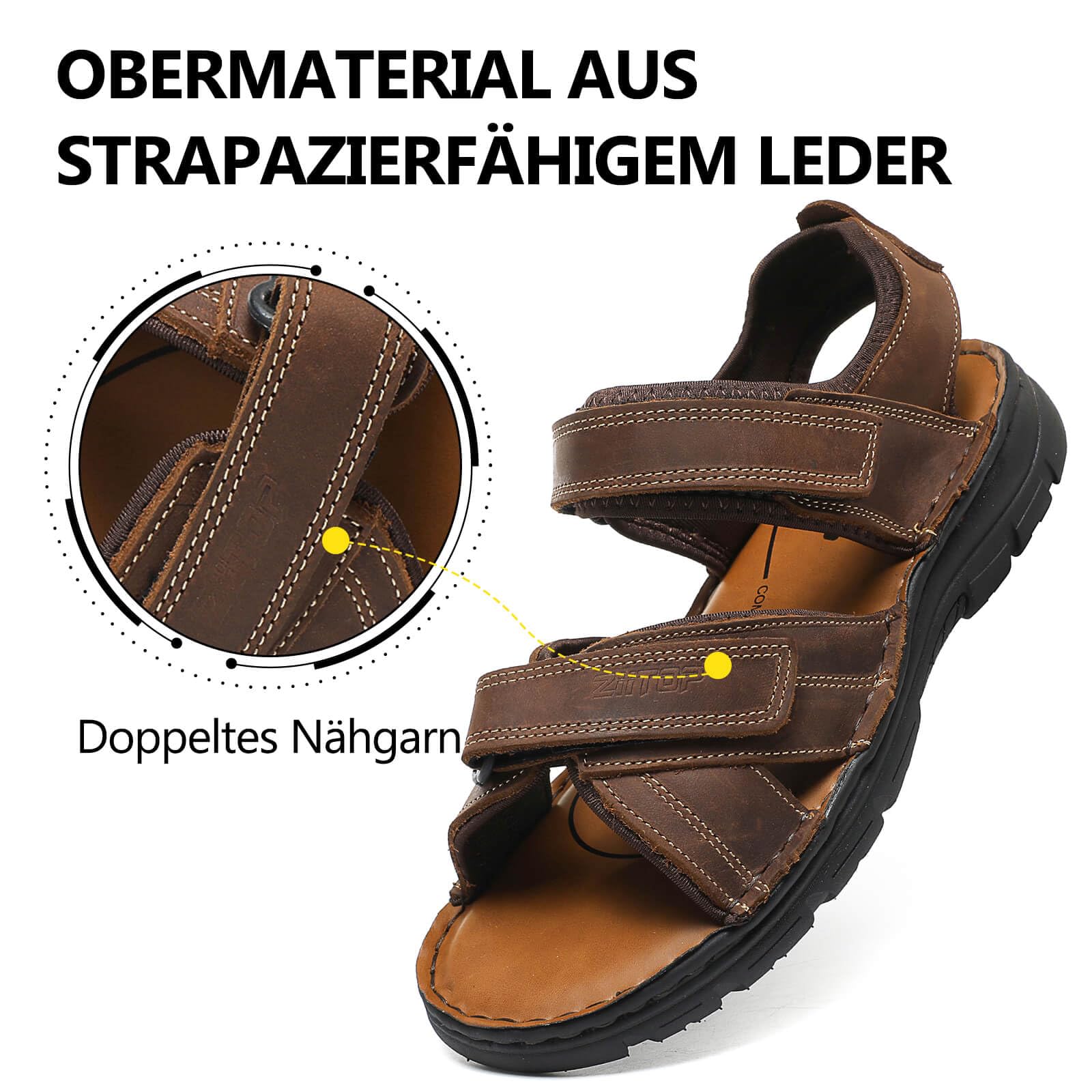 ziitop Herren Leder Sandalen Outdoor Trekkingsandalen Sommer Männer rutschfeste Leichte Trekkingschuhe Verstellbare Beach Sandalen