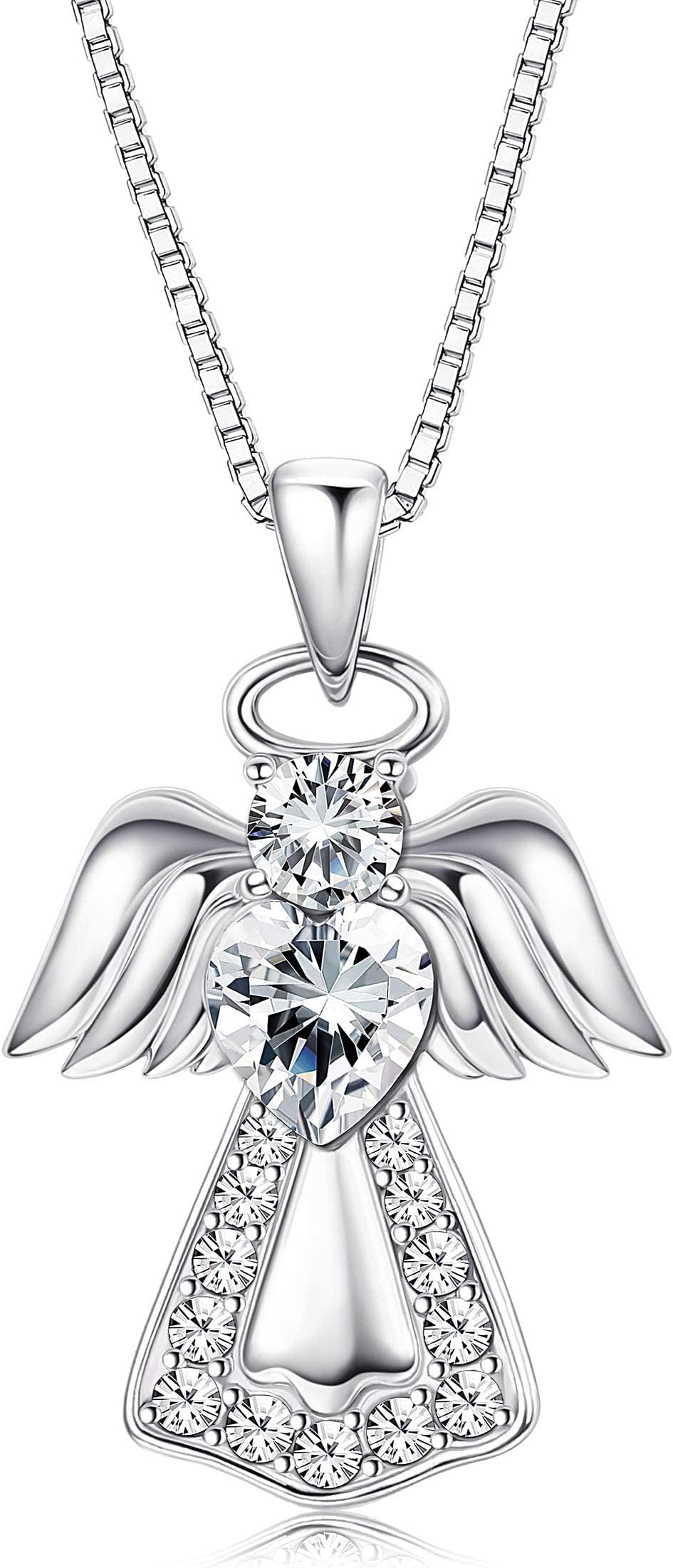 925 Sterling Silver Guardian Angel Pendant Necklace for Girls Women Heart Crystal Silver Necklace for Gift, Crystals from Austria, Gift for Daughter/Wife/Girlfriend