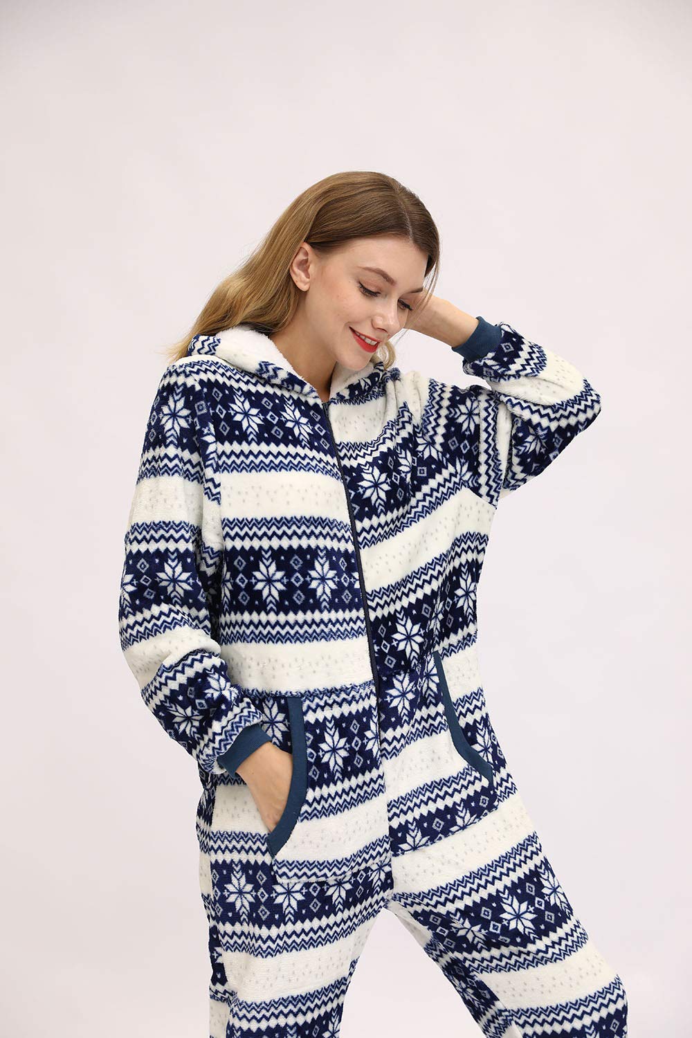 Tuta da donna per Natale, inverno, calda, tuta intera per adulti, cosplay, in pile, con cappuccio e chiusura lampo