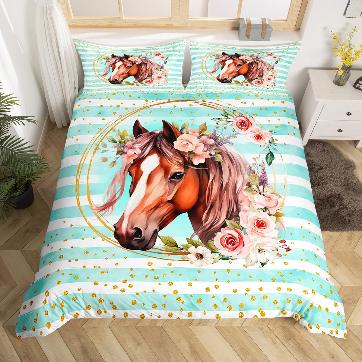 Manfei Floral Horse Duvet Cover Set Double Size, Watercolor Flower Bedding Set 3pcs for Kids Boys Girls Bedroom Decor, Blue Stripes Comforter Cover Gold Sequins Glitter Quilt Cover with 2 Pillowcases